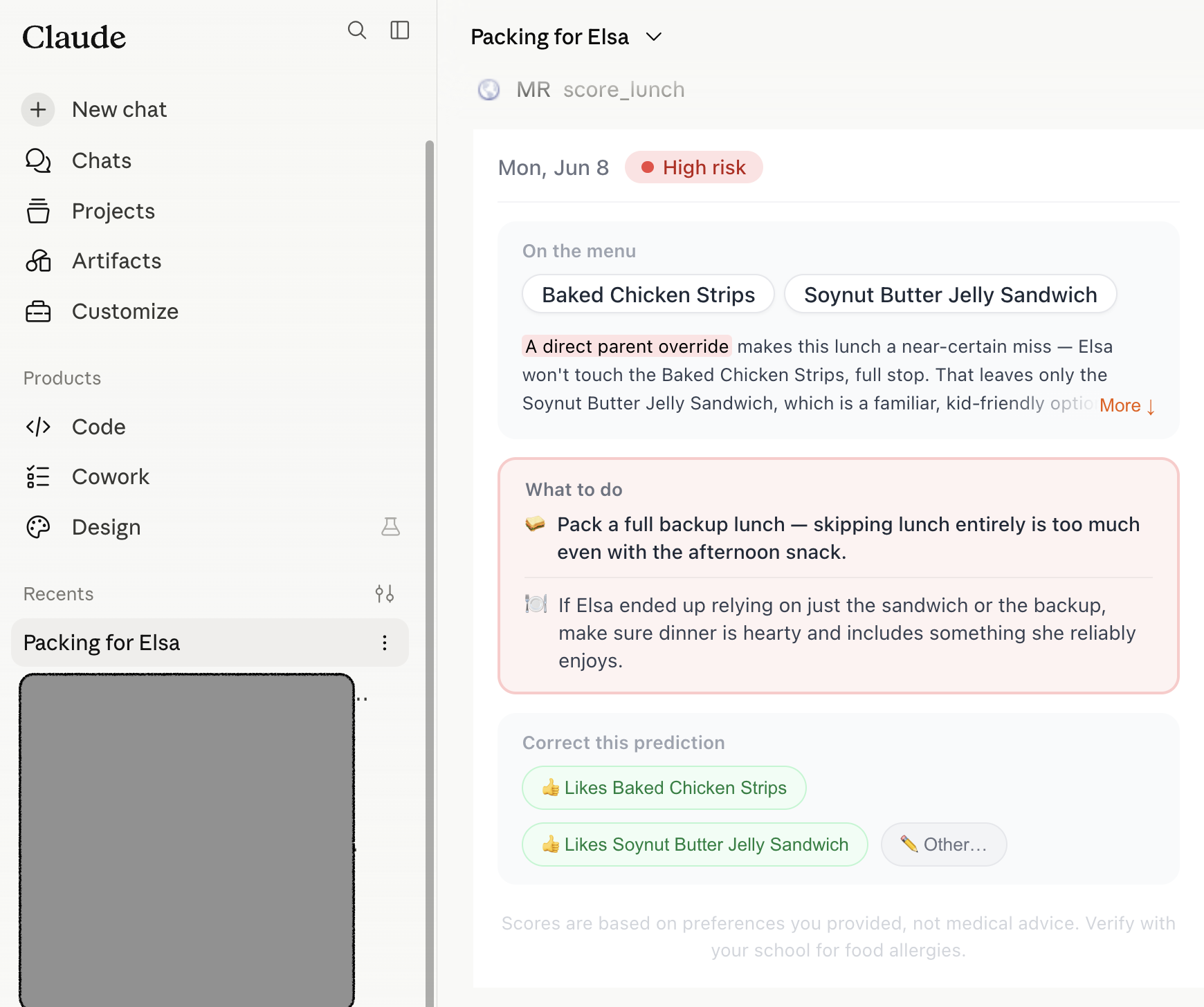 Claude rendering Morning Ready's score_lunch tool as inline UI — a graded lunch risk card with on-the-menu items, what-to-do guidance, and correction buttons