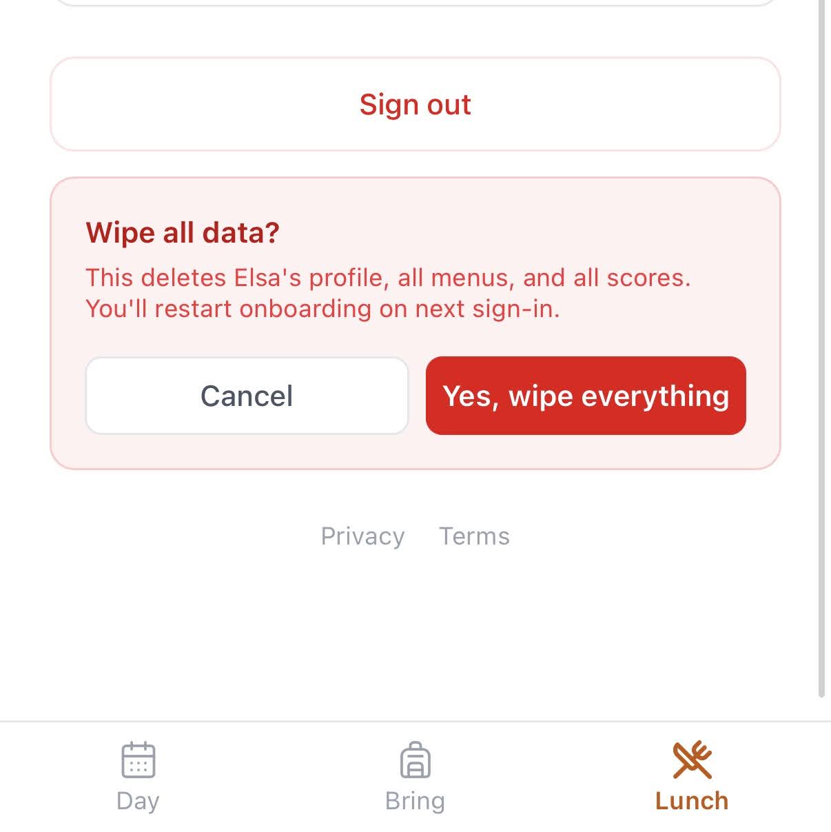 Wipe all data confirmation — one tap to erase everything