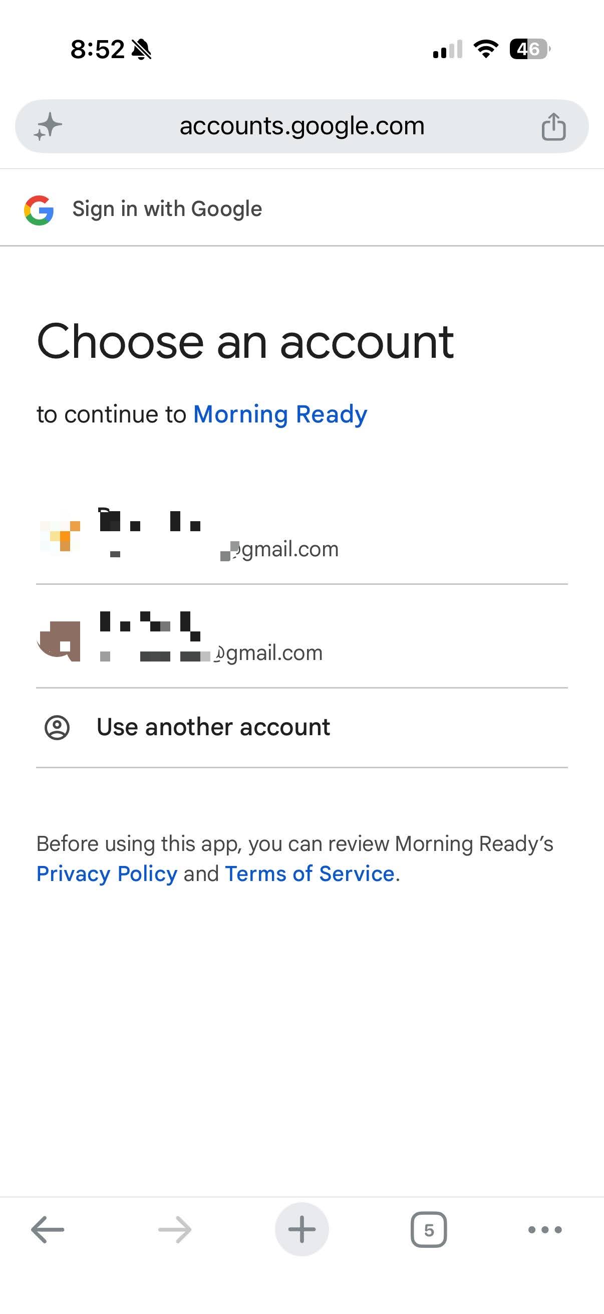 Google account chooser showing Morning Ready with T&S visible