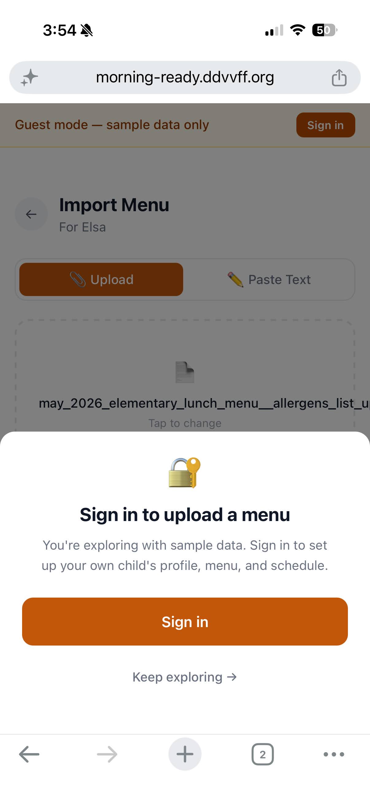 Sign in to upload a menu prompt — gate triggered only when the user tries to upload their own data