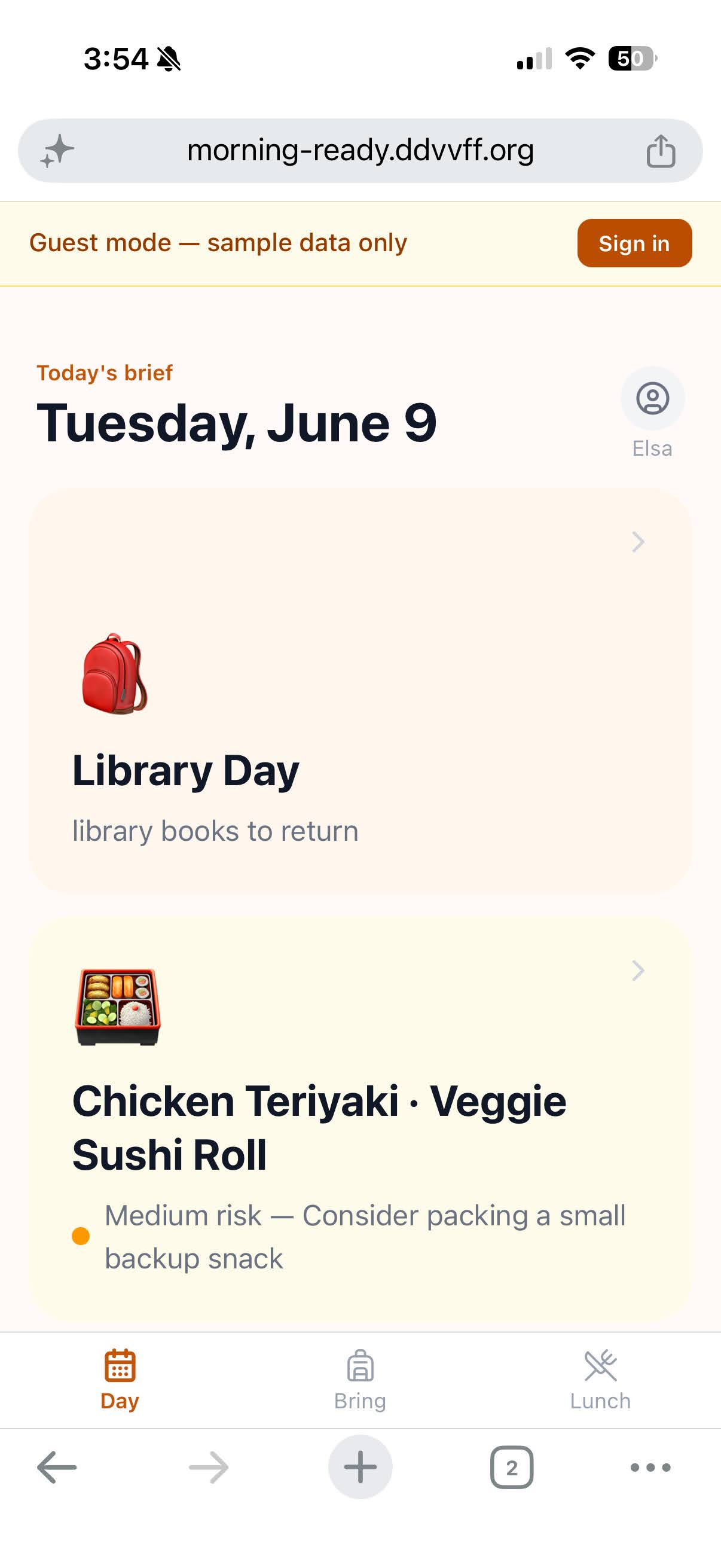 Today's brief in guest mode — showing Library Day and lunch risk with sample data