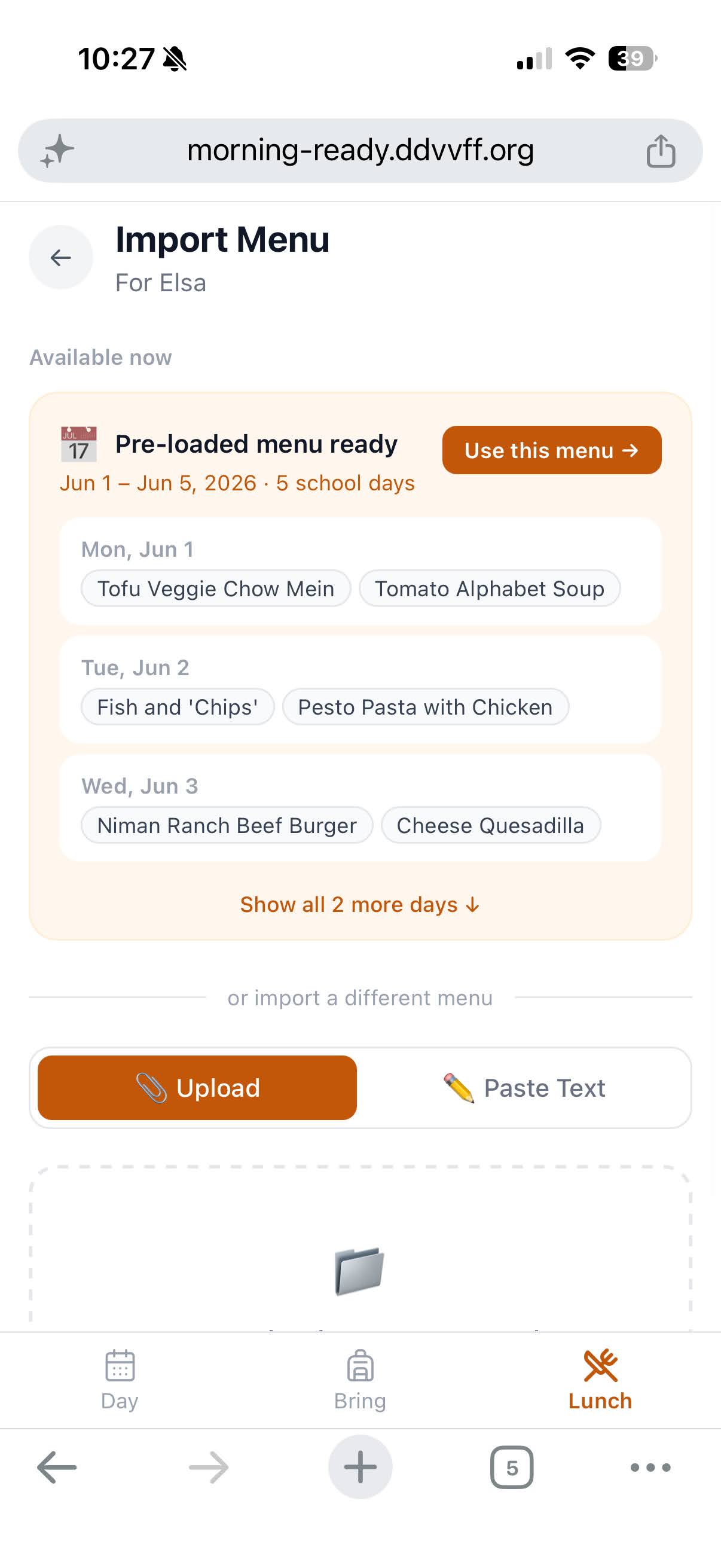 Import Menu — pre-loaded menu ready with upload and paste options