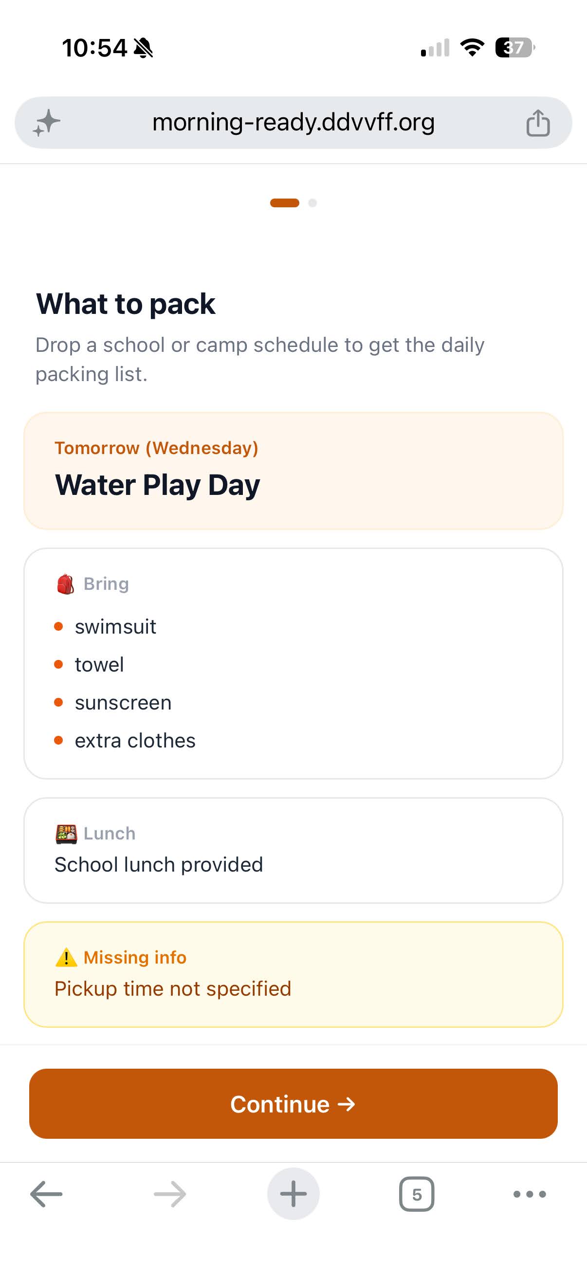 Product tour showing packing list before sign-in