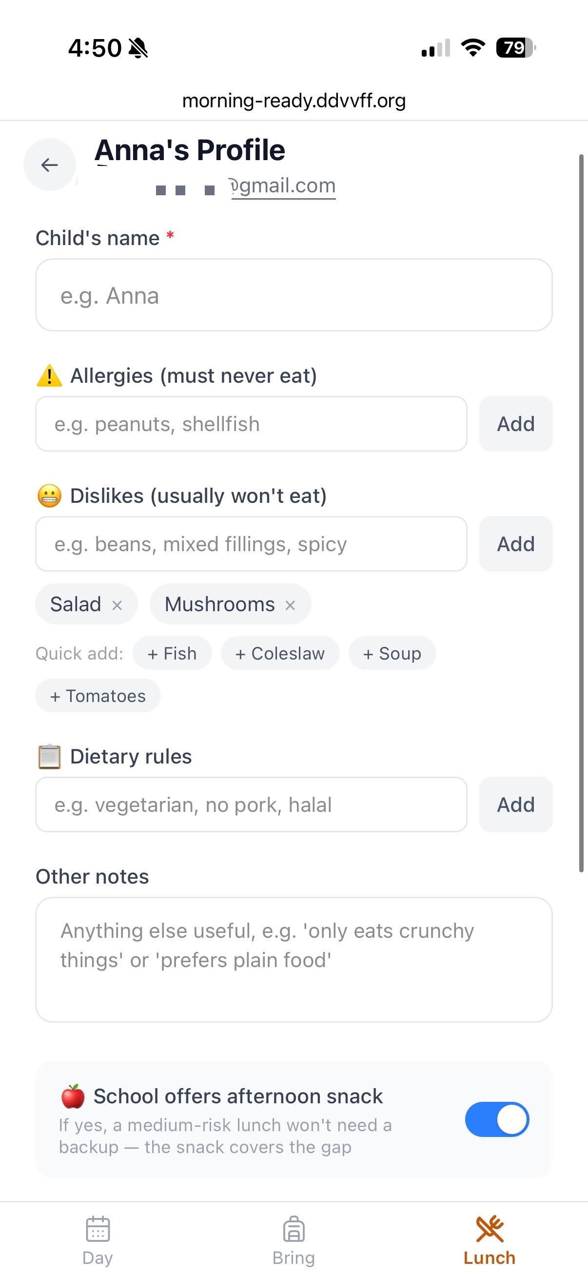 Anna's profile showing separate fields for allergies, dislikes, and dietary rules