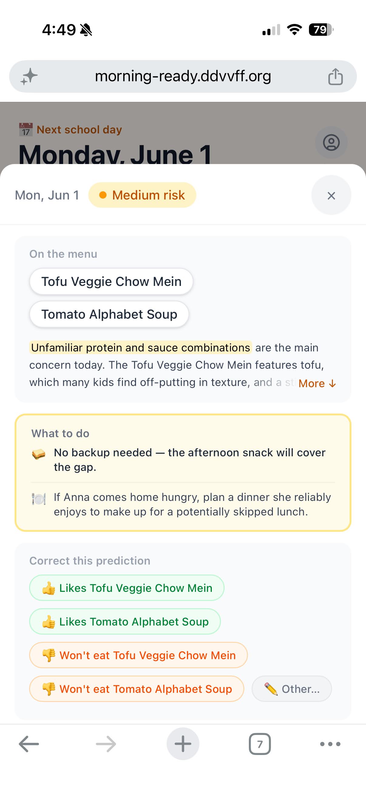 Lunch risk detail showing graded risk, recommendation, and correction buttons